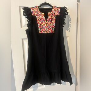 SHEIN Black Mini Dress with Multicolor Embroidered Yoke